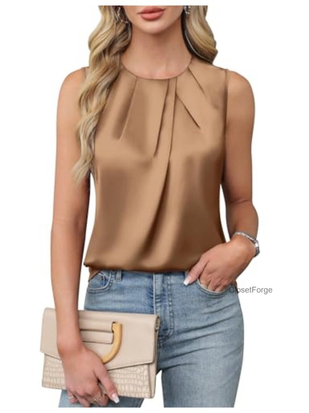 Women's Sleeveless Satin Tank Top Business Casual Irregular Pleated Blouse